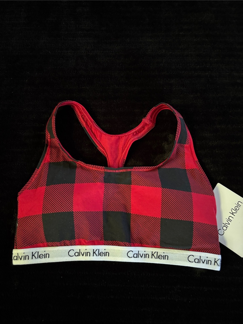 Calvin Klein Red and Black Buffalo-Check Racerback Sports Bra